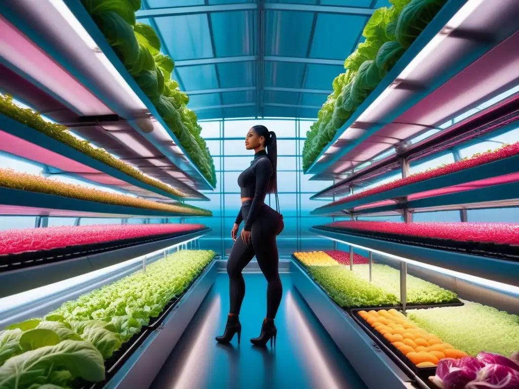 Innovaciones en alimentos veganos proteína: Una granja vertical futurista con sistemas hidropónicos avanzados y hortalizas coloridas