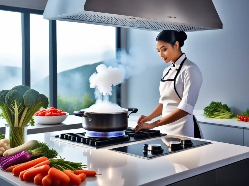 Innovaciones en cocina vegana al vapor con verduras coloridas frescas y vapor de un moderno vaporizador en una cocina elegante