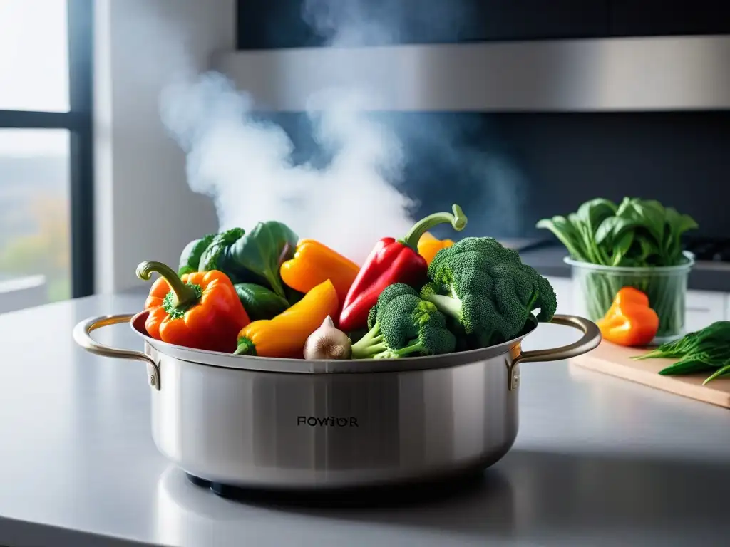 Innovaciones en cocina vegana al vapor con verduras coloridas y hierbas frescas en una cocina moderna