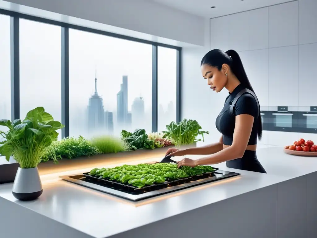 Innovaciones tecnológicas en cocina vegana: Cocina futurista con aparatos avanzados y armonía entre tecnología y naturaleza