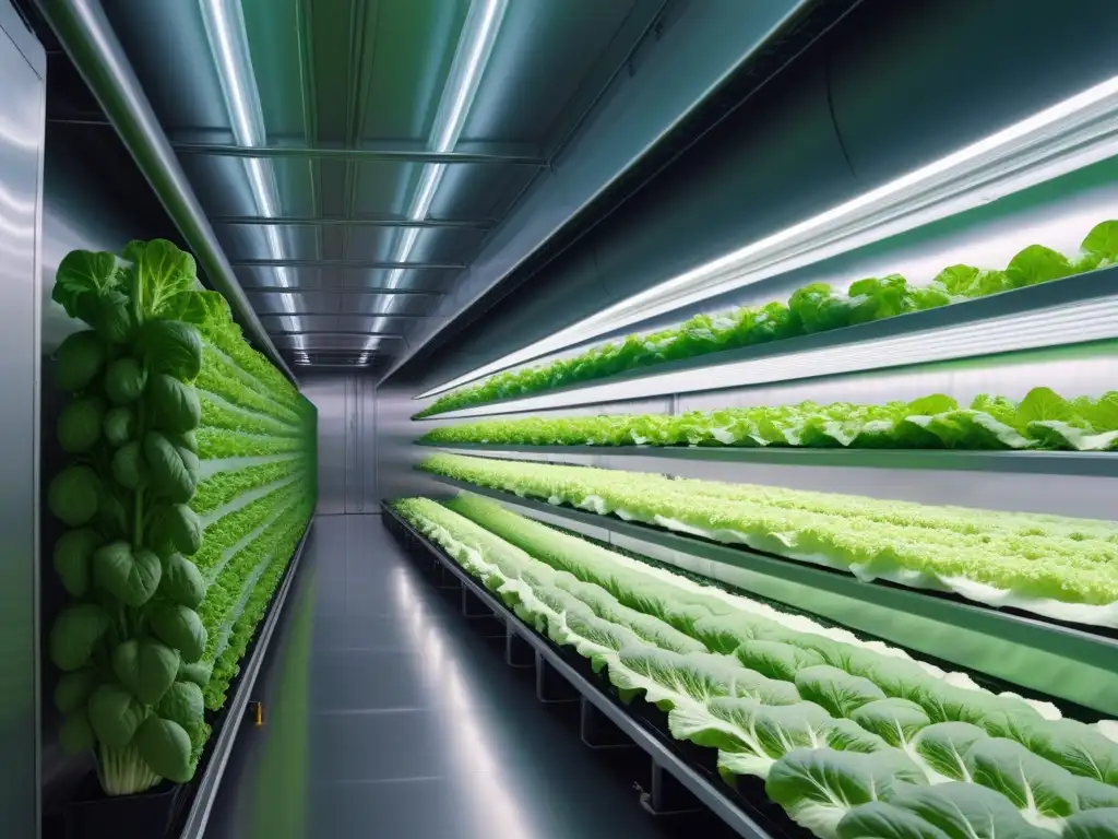 Innovadora agricultura vertical alimentos veganos en granja futurista con plantas verdes bajo luces LED suaves