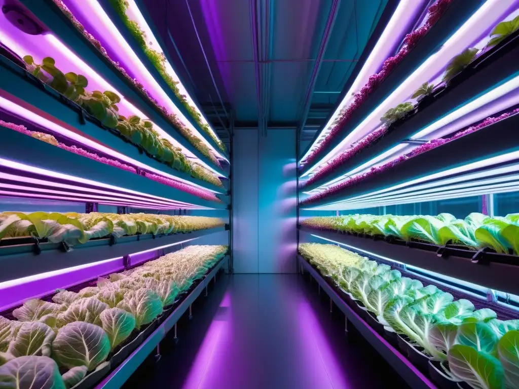 Innovadora granja vertical futurista iluminada con luces LED moradas, cultivando hortalizas verdes en interiores de forma hidropónica