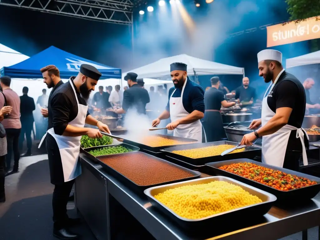 Inspiración en festivales veganos de cocina: Feria llena de coloridos platos veganos, chefs y visitantes disfrutando de delicias culinarias