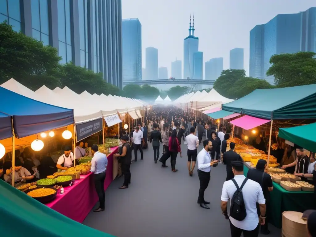 Inspiración en festivales veganos: escena vibrante de festival de comida vegana con coloridos puestos y chefs cocinando apasionadamente