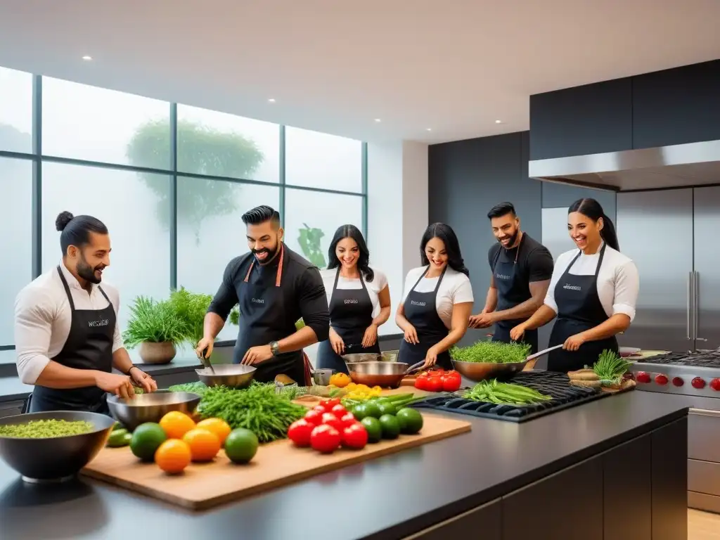 Intenso taller cocina mexicana vegana con grupo diverso cocinando feliz en cocina moderna