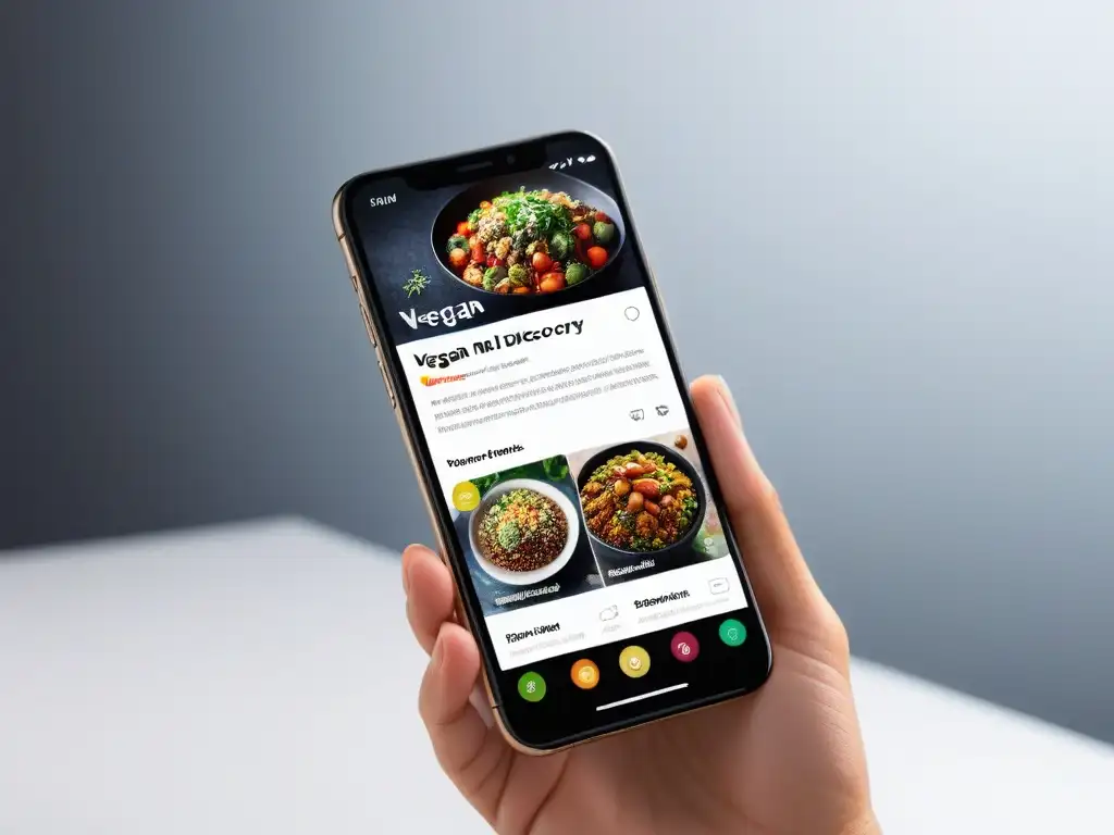 Interfaz de aplicación para antojos veganos: platos coloridos, barra de búsqueda y recomendaciones personalizadas en un elegante smartphone moderno