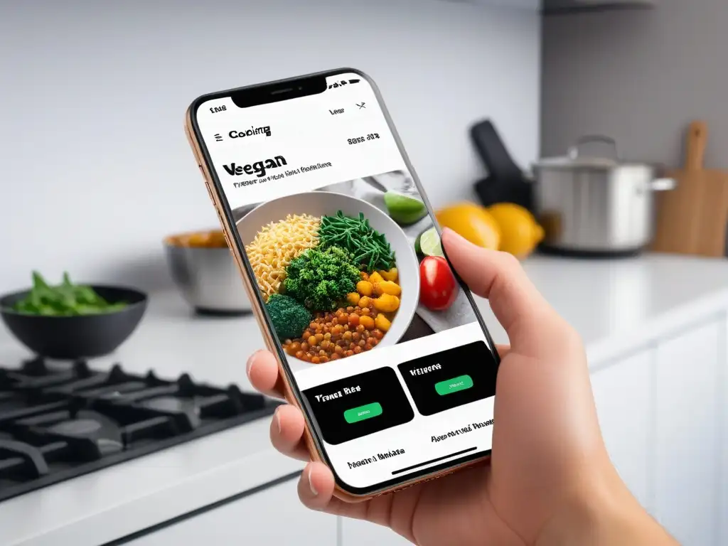 Interfaz de app cocina vegana para foodies en smartphone elegante en cocina moderna