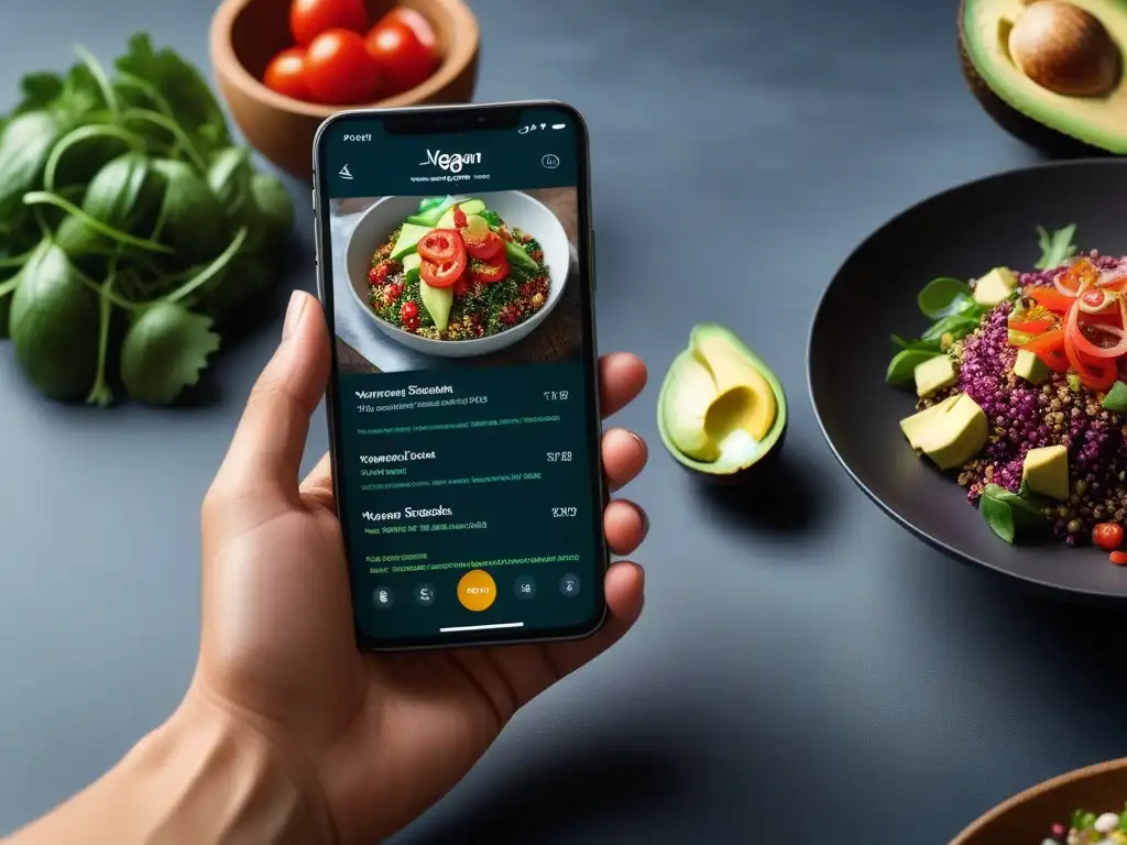 Interfaz de app cocina vegana para smartphone con recetas coloridas y detalladas de platillos veganos en un diseño moderno y elegante