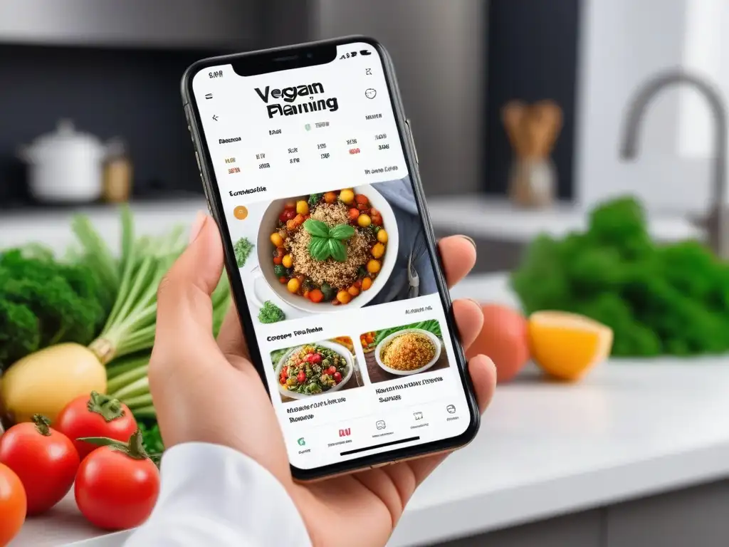 Interfaz de app para planificar comidas veganas con diseño moderno y vibrante