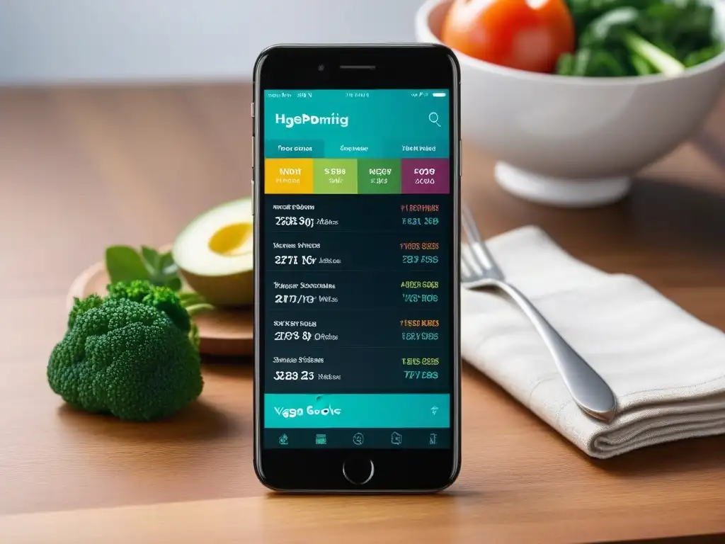 Interfaz de app para conteo de calorías con recetas veganas detalladas y coloridas