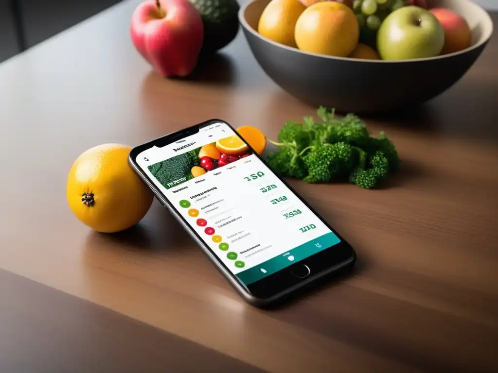 Interfaz de app de dieta vegana personalizada con frutas y verduras, en un ambiente moderno y profesional