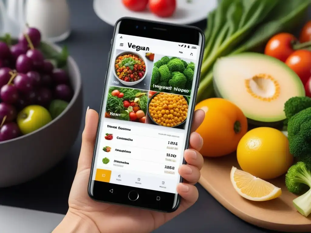 Interfaz de app de dieta vegana con opciones de alimentos, calendario de comidas y lista de compras en un entorno de cocina