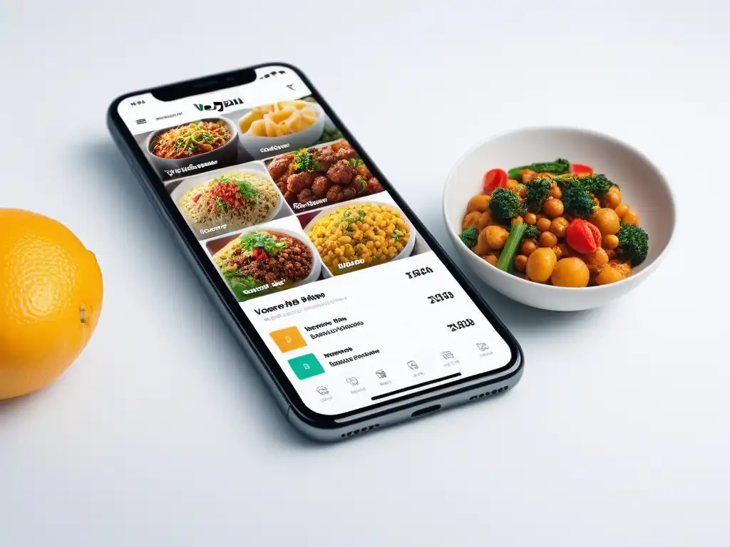 App vegana: planificación saludable en smartphone Interfaz de app para menús veganos saludables con diseño profesional y atractivo visual