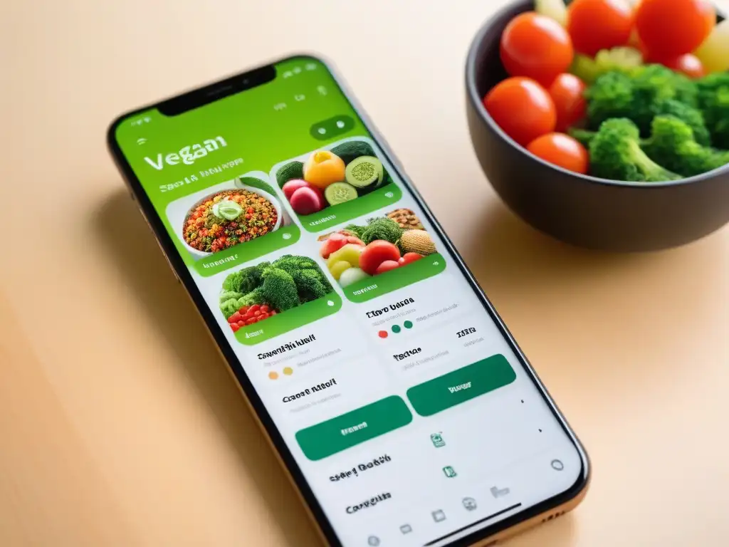 Interfaz de app para planificación de menús veganos en smartphone, con diseño intuitivo y limpio en cocina moderna