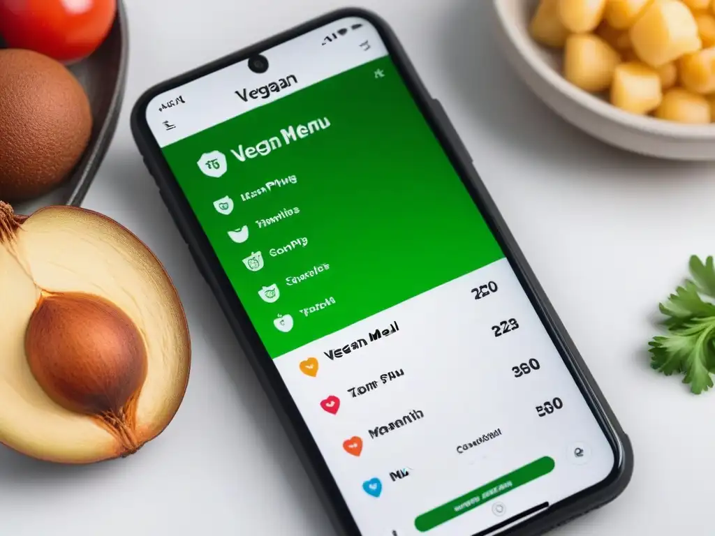 Interfaz de app para planificación de menús veganos con imágenes vibrantes de platillos a base de plantas y diseño moderno en verde y blanco