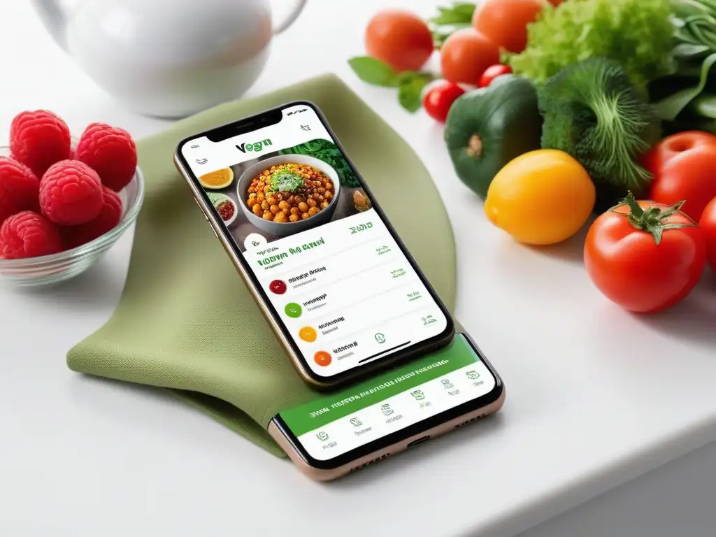 Interfaz de app para planificación de menús veganos 2023 con platos coloridos y diseño moderno en un ambiente de cocina saludable