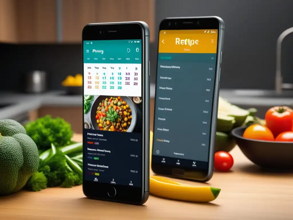 App de planificación de comidas veganas: diseño vibrante y detallado Interfaz de app para menús veganos saludables con recetas, planificación de comidas y lista de compras en un smartphone moderno en una cocina elegante