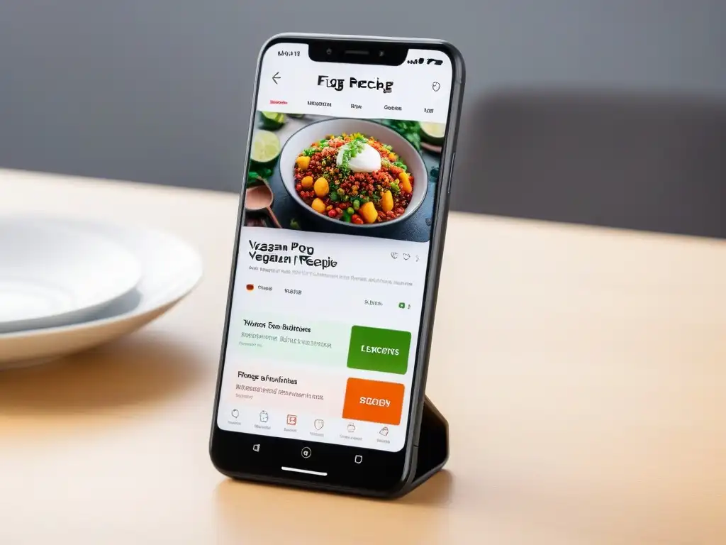 Interfaz de app de recetas veganas con diseño innovador y sofisticado