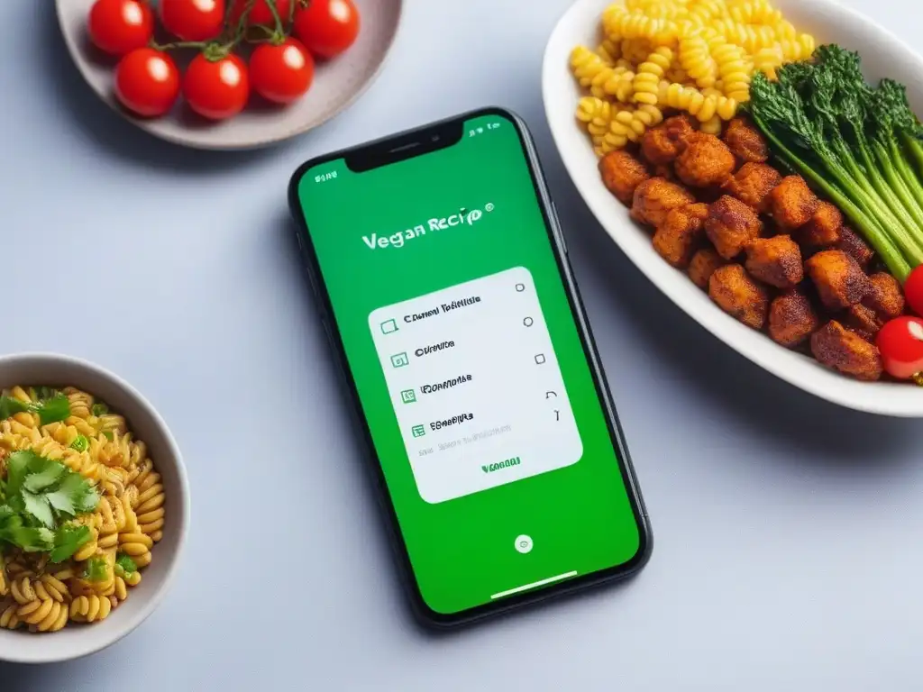 Interfaz de app de recetas veganas rápidas y fáciles en smartphone moderno y vibrante