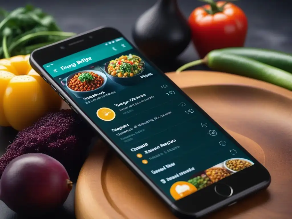 Interfaz de app de recetas veganas rápidas y fáciles, con imágenes coloridas de deliciosas comidas vegetales