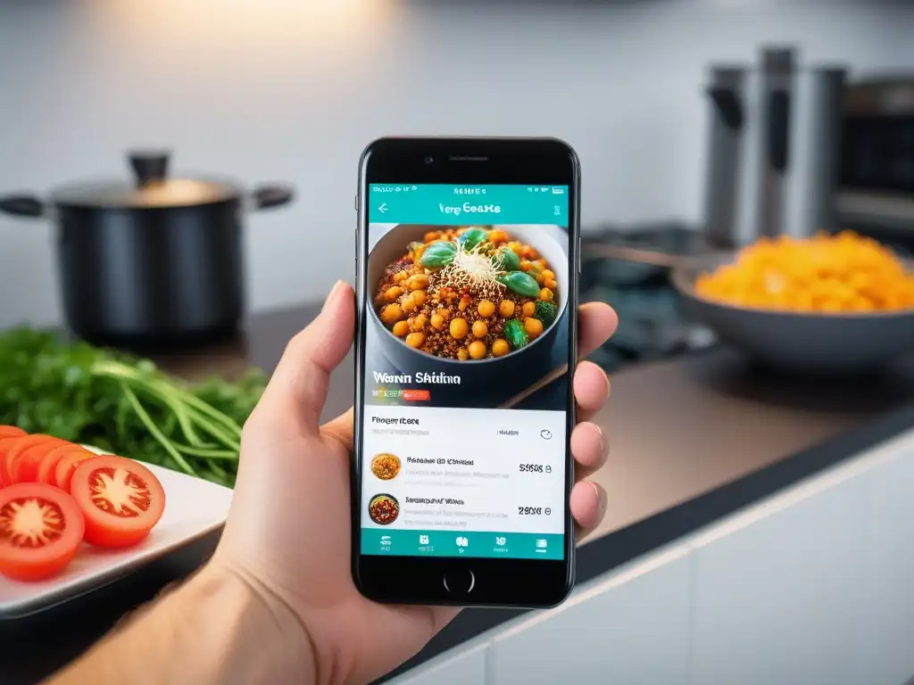 Interfaz de app de recetas veganas en smartphone, con platos coloridos y diseño moderno