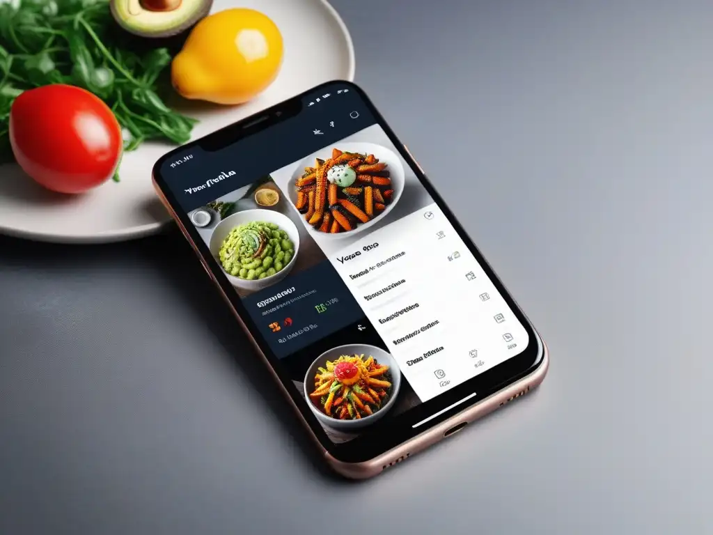 Interfaz de app de recetas veganas premium con platos coloridos y detallados