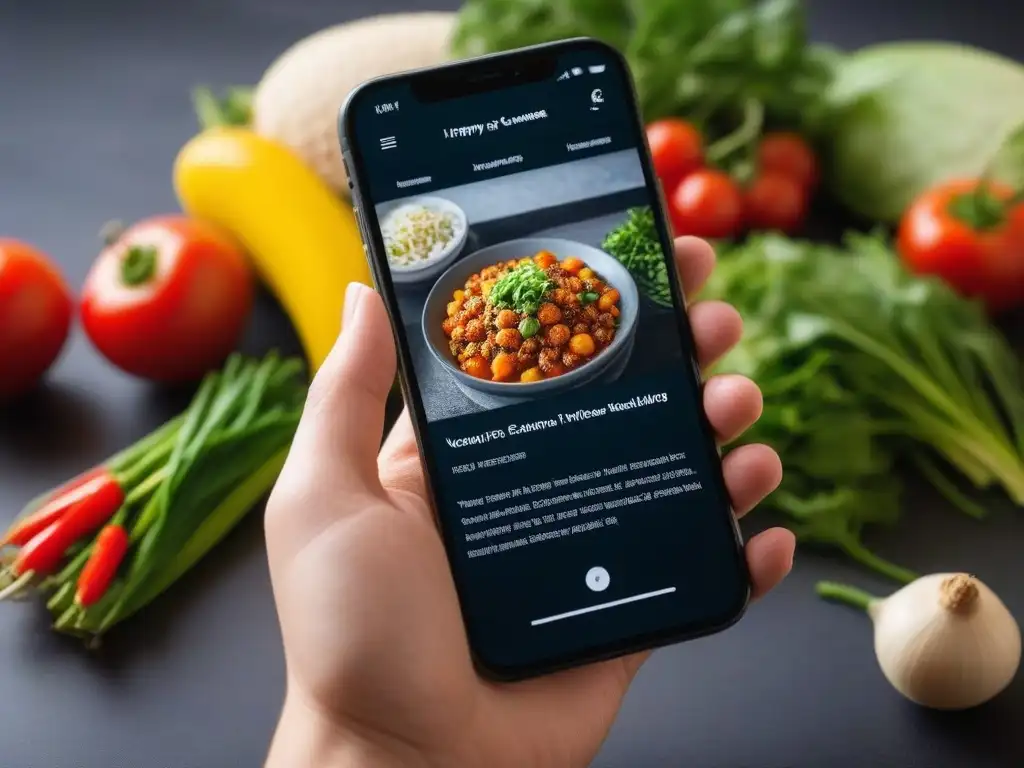 Interfaz de app de recetas veganas gratis en smartphone moderno