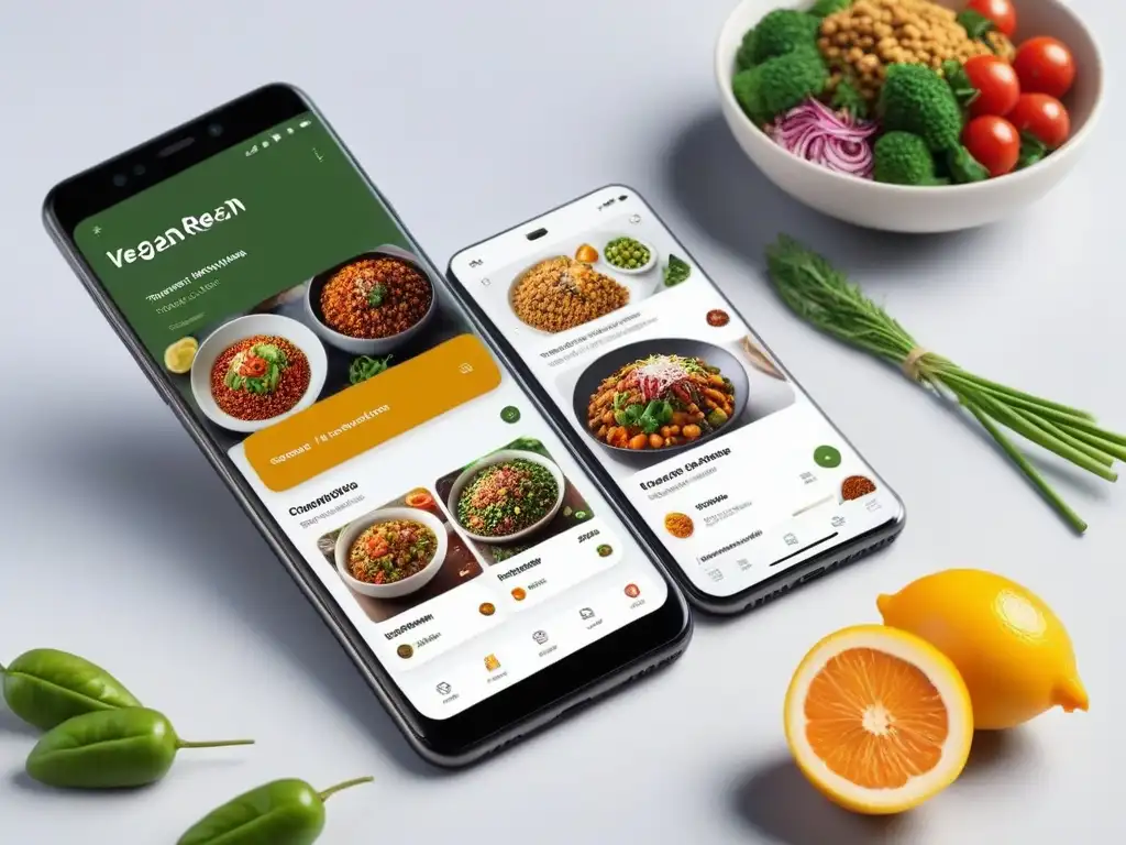 Interfaz de app de recetas veganas gratis con platos veganos detallados, ingredientes coloridos y diseño profesional y eficiente