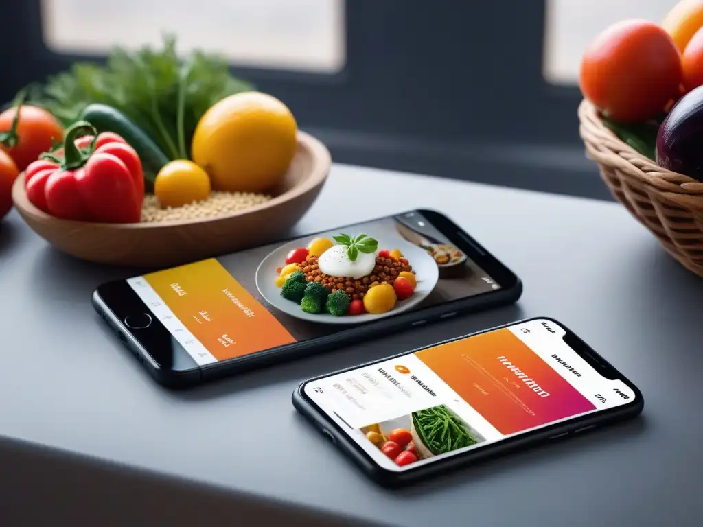 Interfaz de app de recetas veganas por temporada actualizadas con ingredientes coloridos en un mercado de agricultores