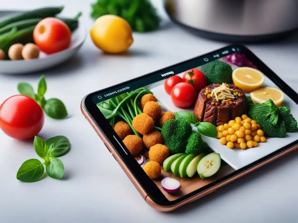 Interfaz de app recetas veganas con funciones ocultas en un smartphone moderno en cocina trendy