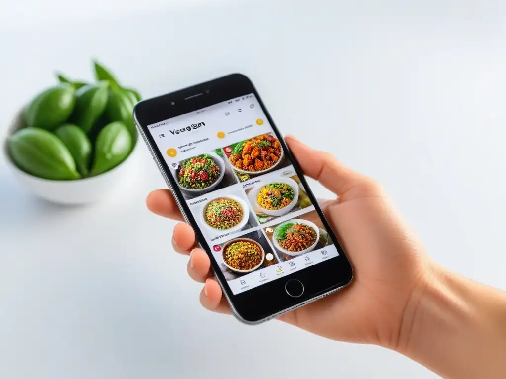 Interfaz de app recetas veganas innovadoras con platos coloridos y diseño moderno