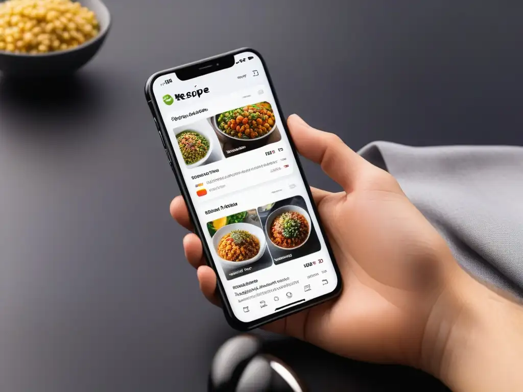 Interfaz de app de recetas veganas para cocina en smartphone moderno con diseño elegante y vibrante