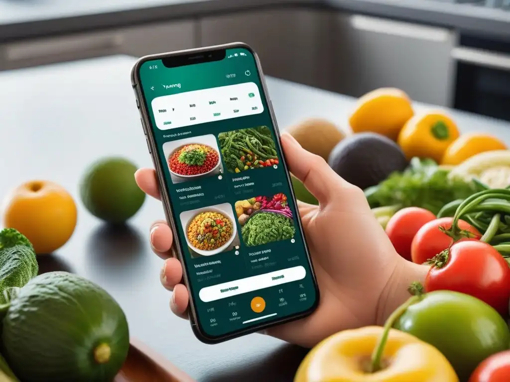 Interfaz de app para seguimiento nutricional vegano con gráficos coloridos y platos vegetales