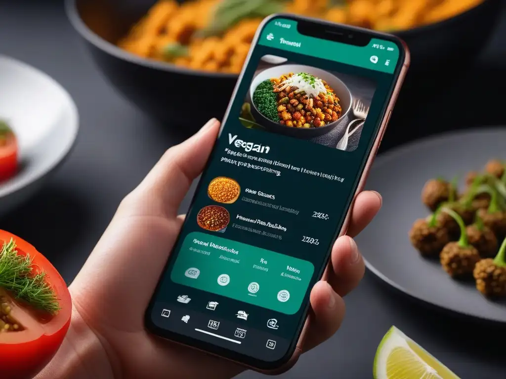 Interfaz de app vegana para cocina con ingredientes vibrantes y recetas detalladas