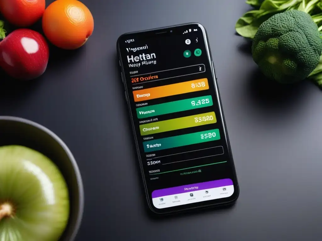 Interfaz app nutrición vegana balancear comidas con diseño moderno y vibrante en pantalla de smartphone dividida en dos