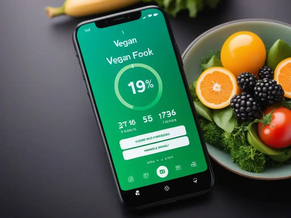 Interfaz de app vegana para conteo de calorías, con diseño moderno y vibrante