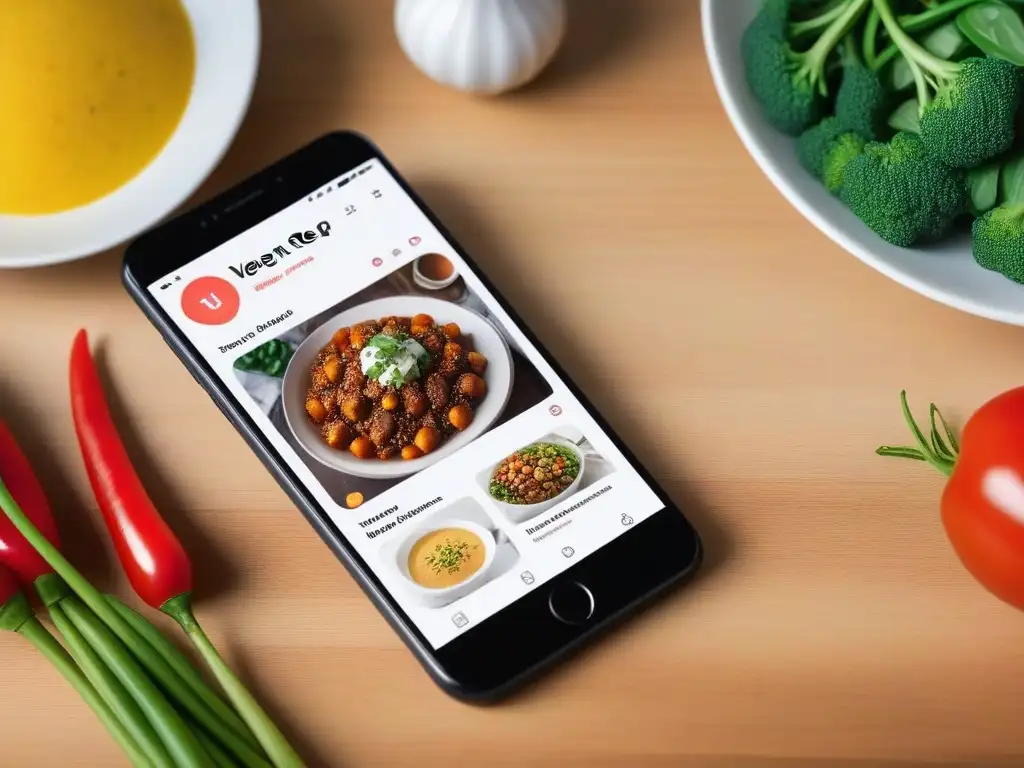 Una interfaz de app vegana para conteo calorías con recetas coloridas y amigables