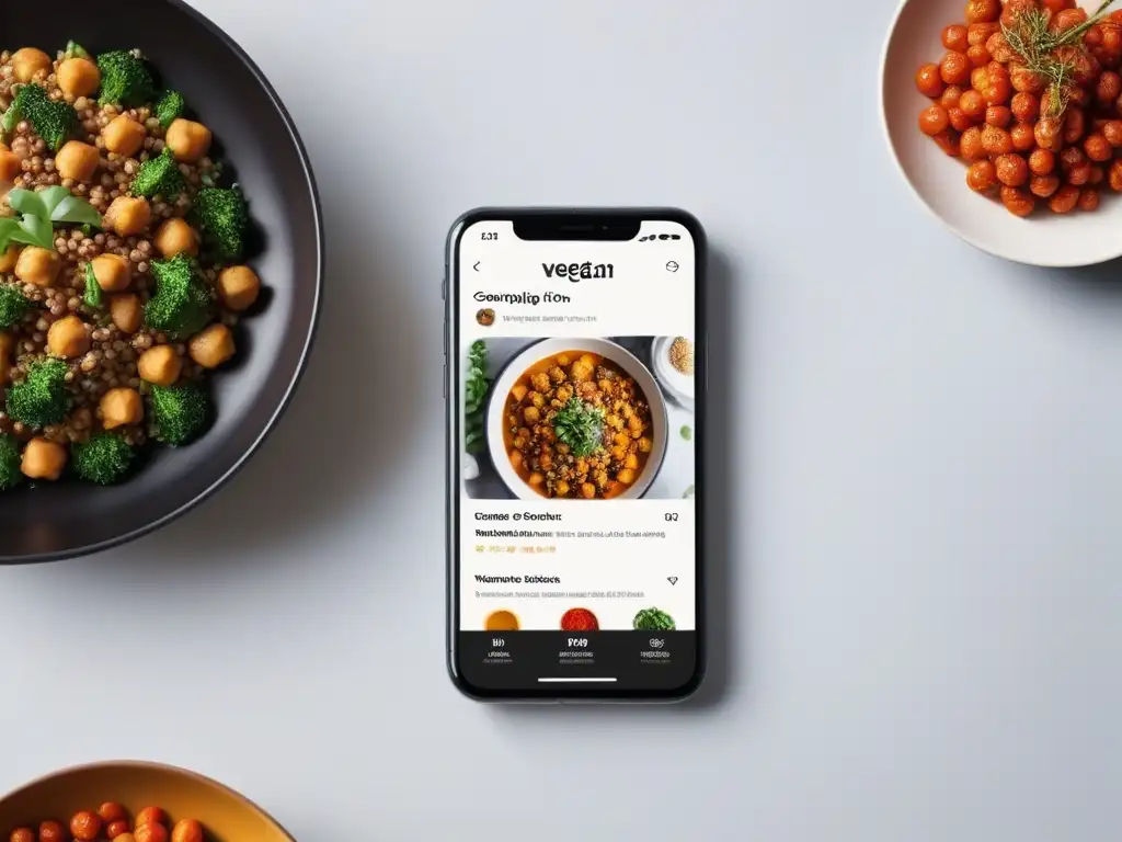 Interfaz de app para cocinar vegano con videos tutoriales de chef preparando plato vegano delicioso