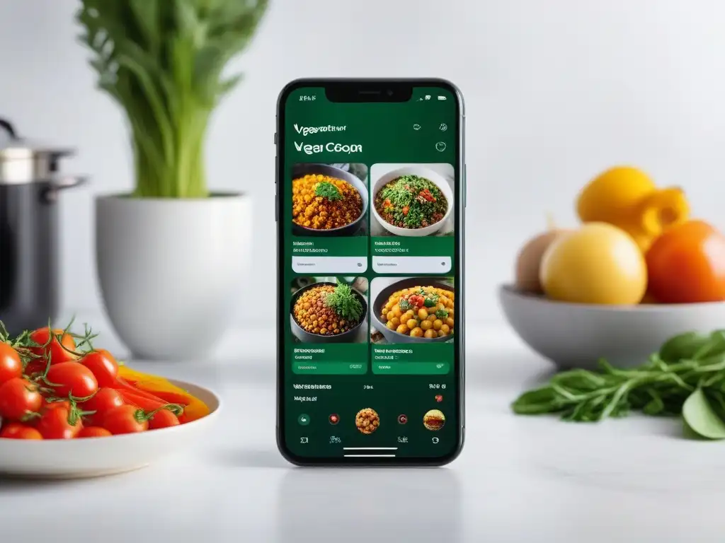 Interfaz de app cocinar vegano con videos tutoriales de recetas, en smartphone moderno en cocina elegante