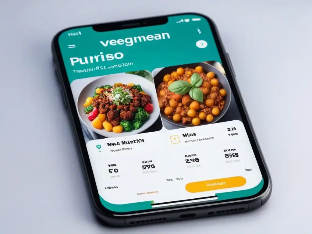 Interfaz de app planificación menús veganos 2023 con platos coloridos y datos nutricionales detallados en pantalla de smartphone en cocina moderna