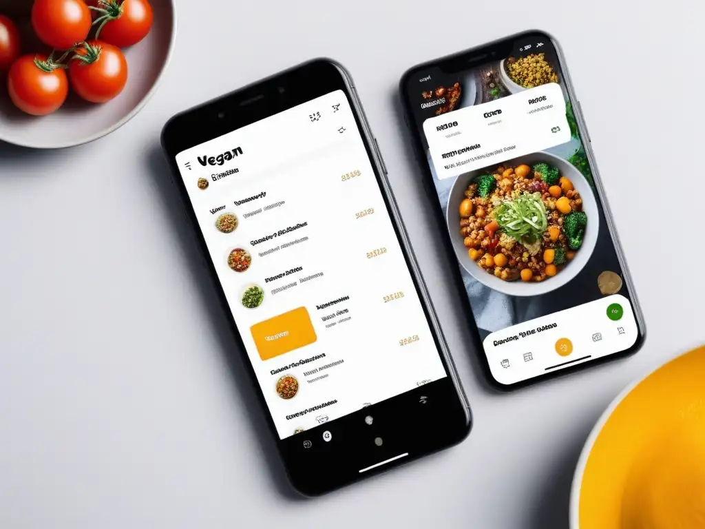 Interfaz app para planificación menús veganos saludables en móvil moderno con diseño atractivo e intuitivo