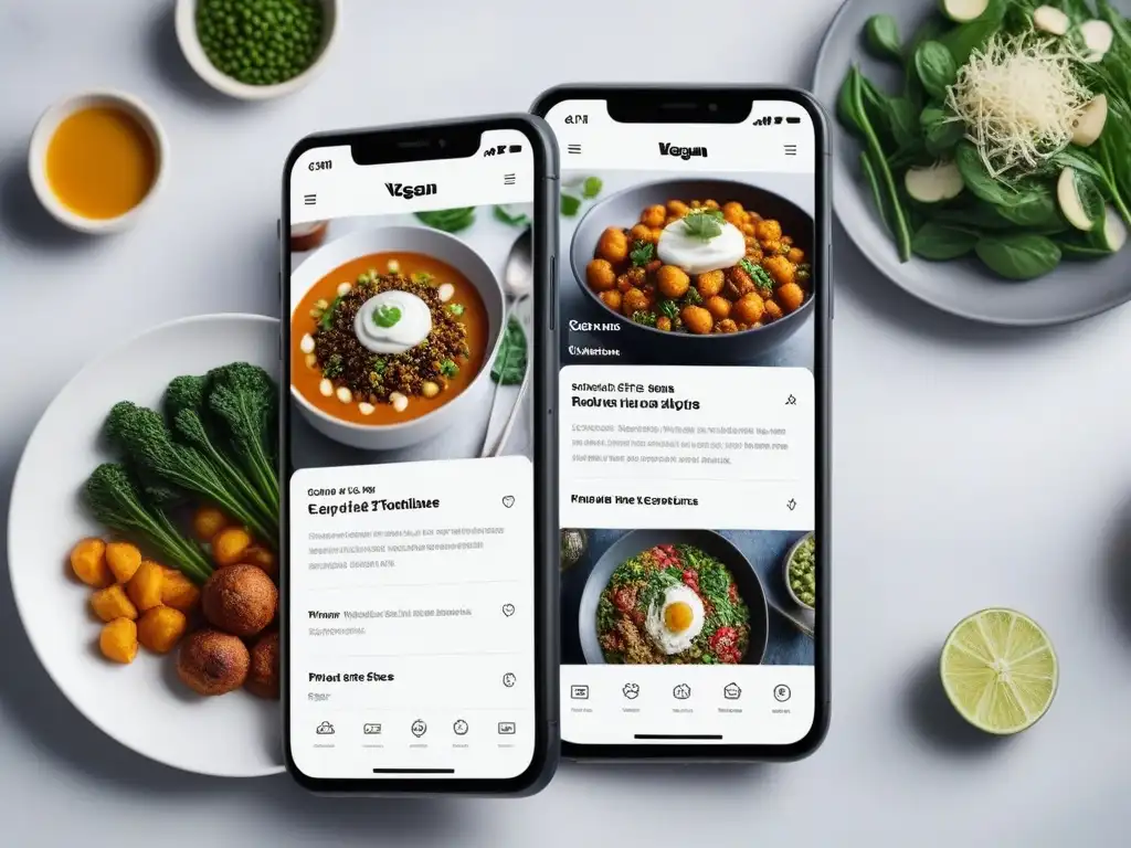 Interfaz elegante y sofisticada de app de recetas veganas con funciones educativas ocultas