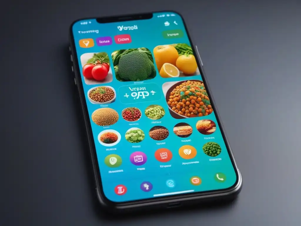 Interfaz futurista de apps veganas innovadoras para dieta vegana