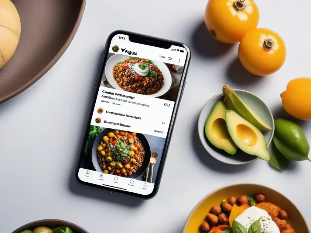 Interfaz innovadora de app de recetas veganas con funciones ocultas y platos vibrantes en pantalla HD