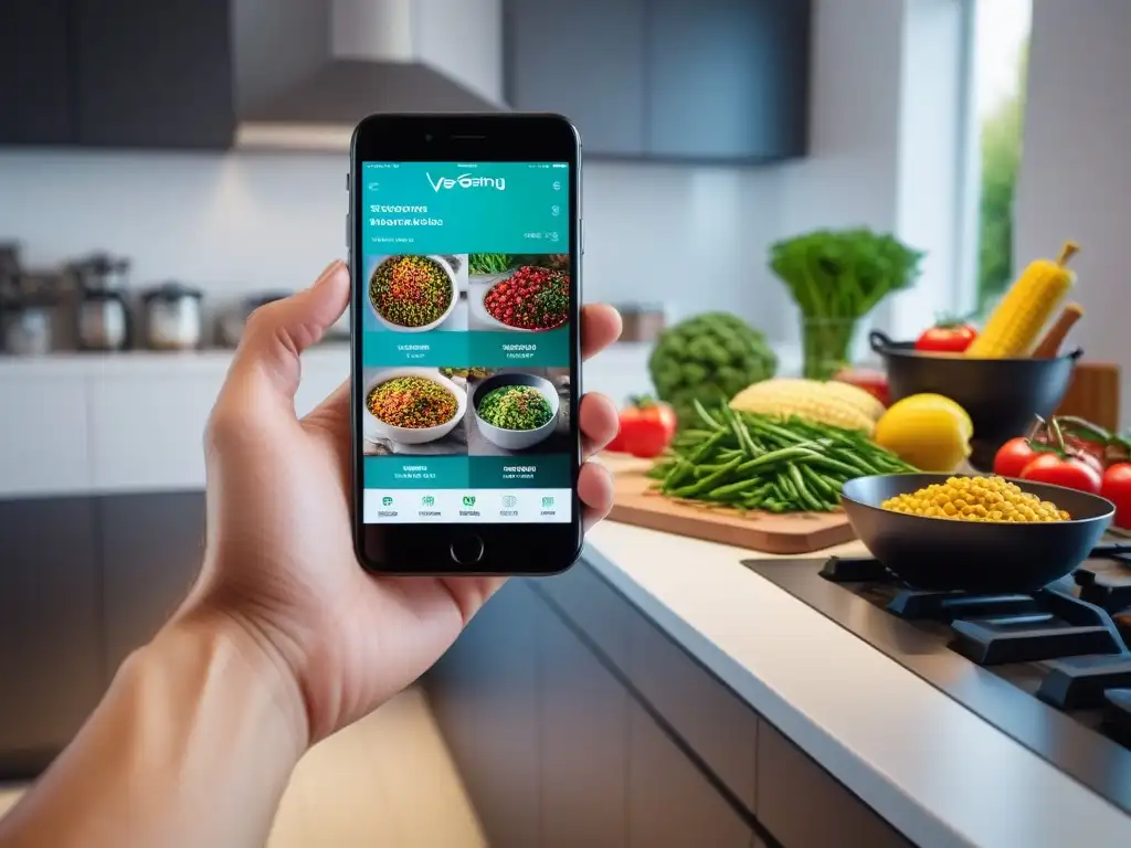 Interfaz moderna de app cocina vegana para smartphone con recetas coloridas y prácticas en cocina elegante