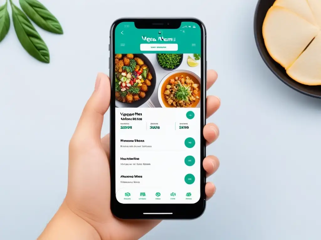 Interfaz moderna de app para planificación de menús veganos 2023 con diseño intuitivo y atractivas imágenes de comida vegana