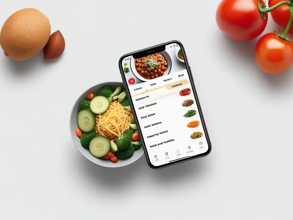 Interfaz moderna de app para planificación de menús veganos 2023 con ingredientes vibrantes y opciones personalizables