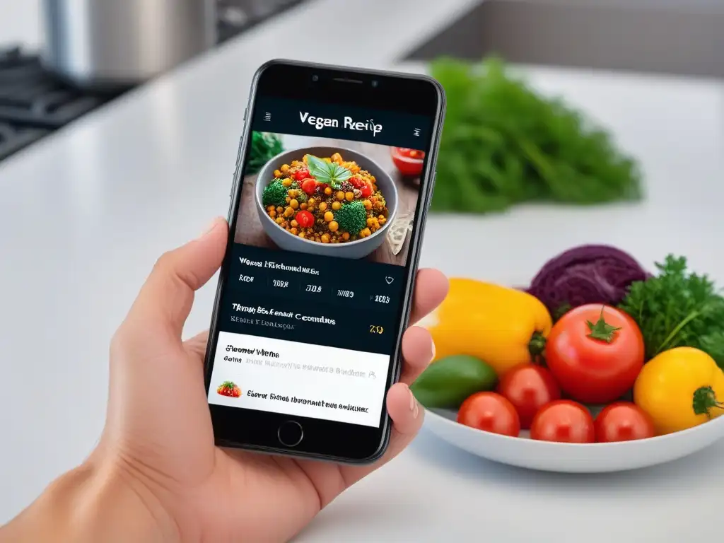 Interfaz moderna de app de recetas veganas gratis en smartphone elegante, resaltando platos coloridos y diseño amigable en cocina contemporánea