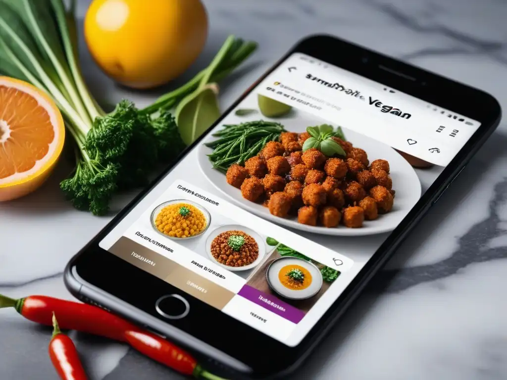 Interfaz moderna de app de recetas veganas gratis con platos coloridos y cocina elegante