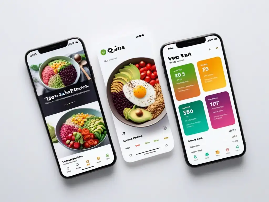 Interfaz moderna de app nutrición vegana para balancear comidas con opciones saludables y gráficos informativos